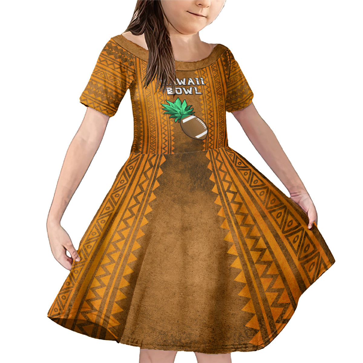 Custom Hawaii Honolulu Football Bowl Family Matching Mermaid Dress and Hawaiian Shirt Simple Style LT05 Daughter's Dress Brown - Polynesian Pride