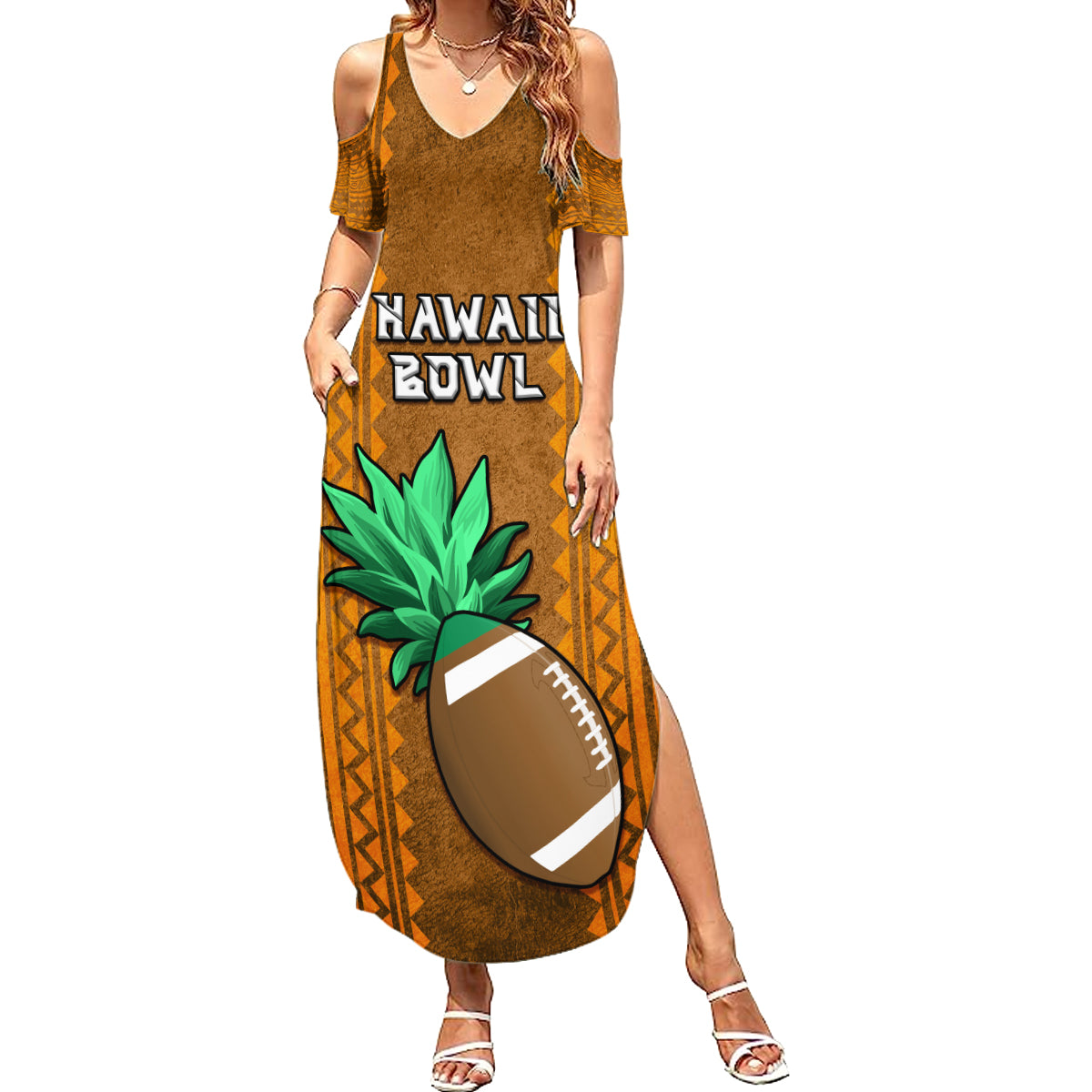 Custom Hawaii Honolulu Football Bowl Summer Maxi Dress Simple Style LT05 Women Brown - Polynesian Pride