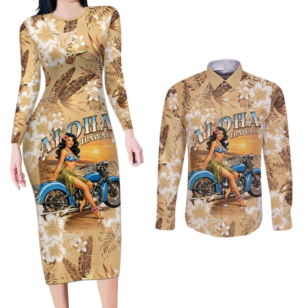 Aloha Hawaii Biker Couples Matching Long Sleeve Bodycon Dress and Long Sleeve Button Shirt Ride To Paradise