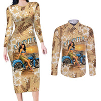 Aloha Hawaii Biker Couples Matching Long Sleeve Bodycon Dress and Long Sleeve Button Shirt Ride To Paradise