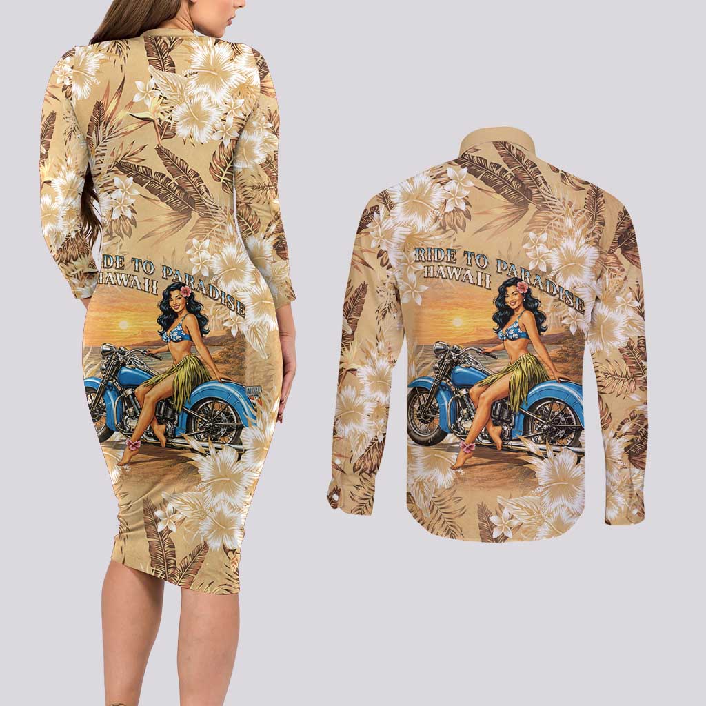 Aloha Hawaii Biker Couples Matching Long Sleeve Bodycon Dress and Long Sleeve Button Shirt Ride To Paradise