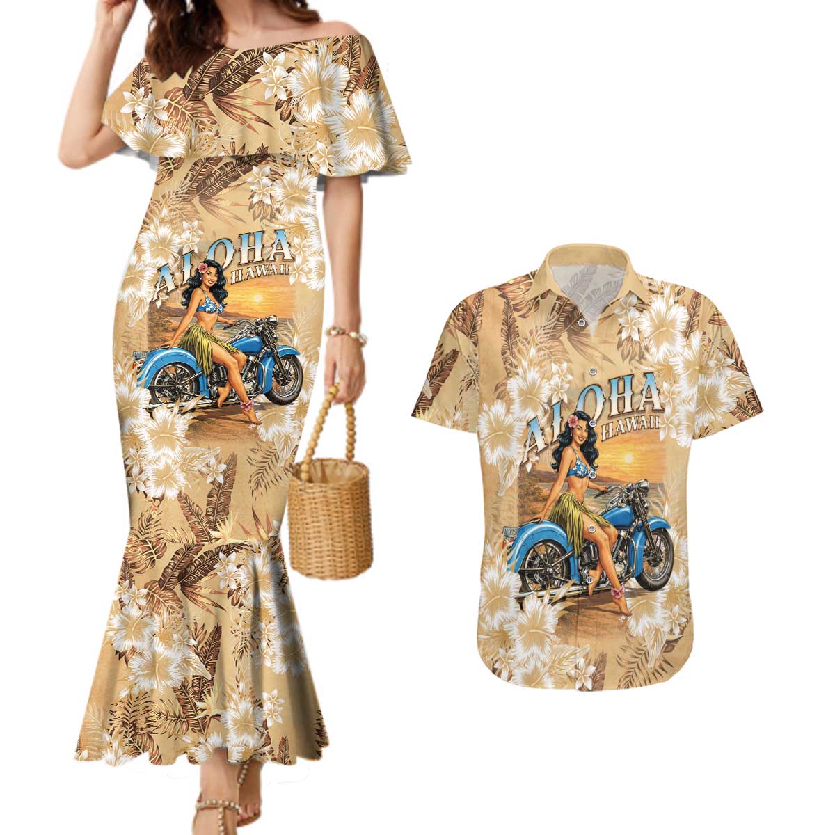 Aloha Hawaii Biker Couples Matching Mermaid Dress and Hawaiian Shirt Ride To Paradise LT05 Beige - Polynesian Pride