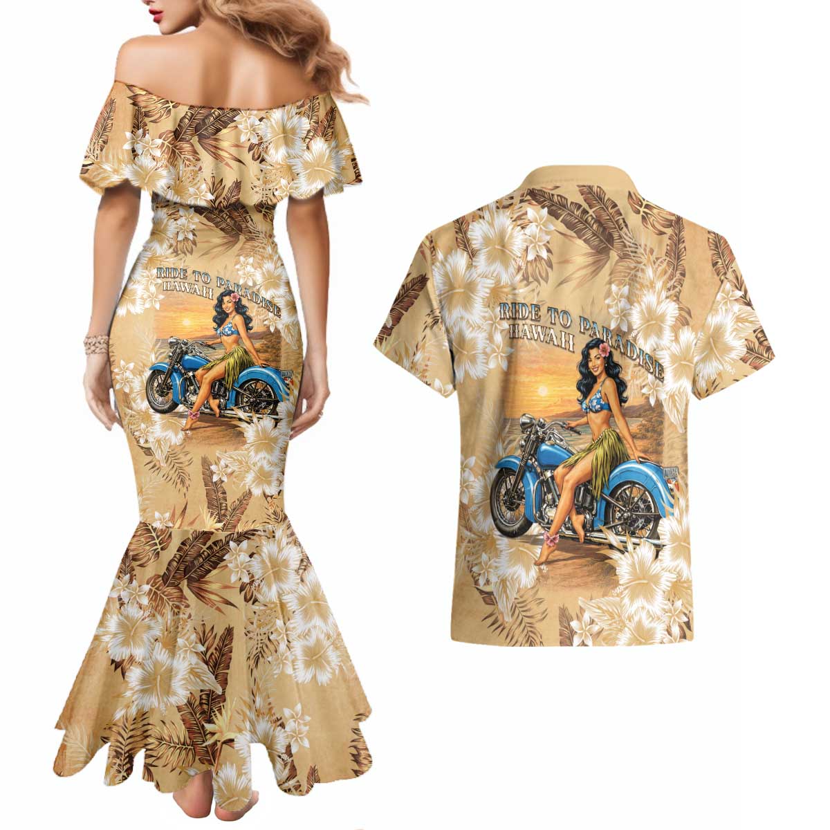 Aloha Hawaii Biker Couples Matching Mermaid Dress and Hawaiian Shirt Ride To Paradise LT05 - Polynesian Pride