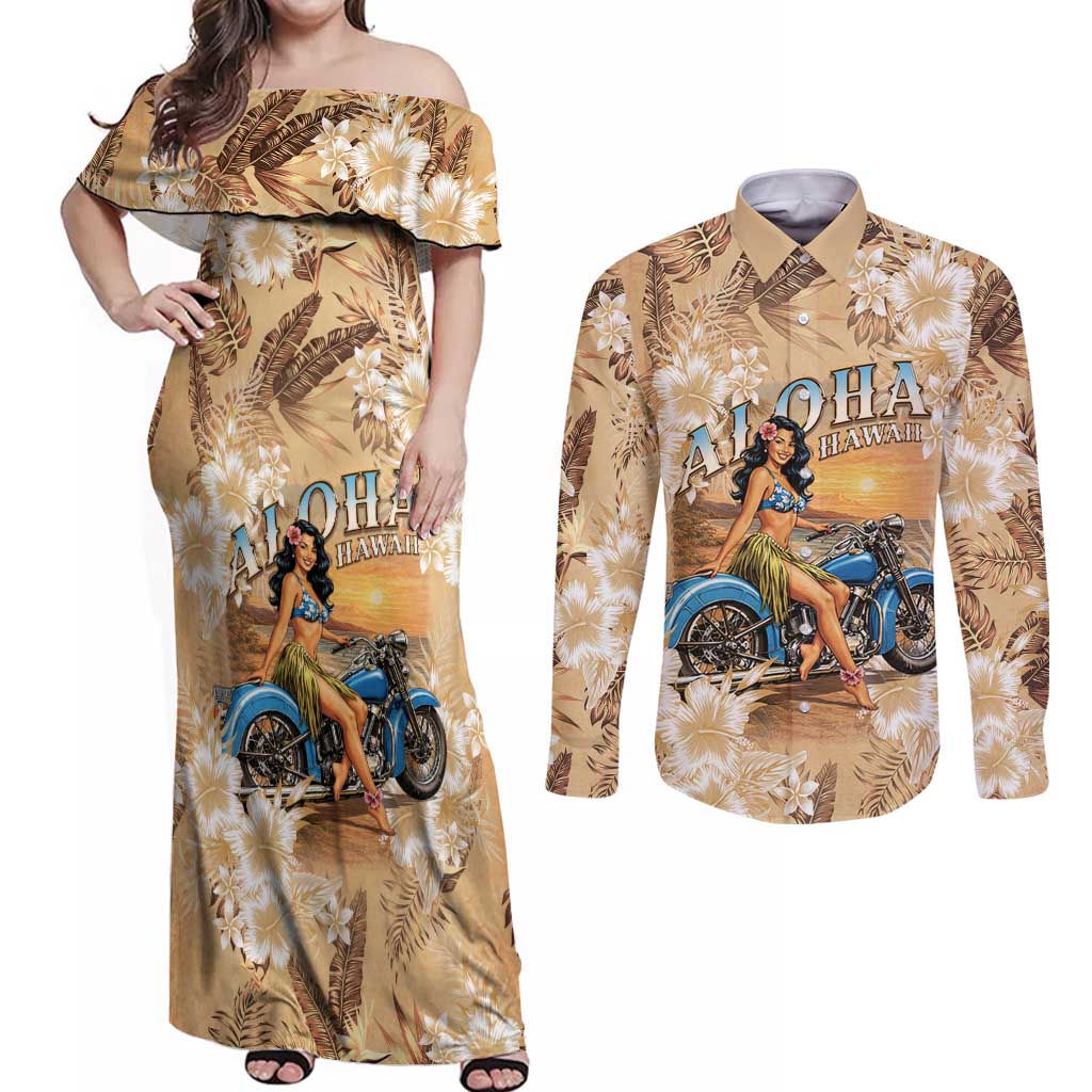 Aloha Hawaii Biker Couples Matching Off Shoulder Maxi Dress and Long Sleeve Button Shirt Ride To Paradise