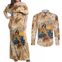 Aloha Hawaii Biker Couples Matching Off Shoulder Maxi Dress and Long Sleeve Button Shirt Ride To Paradise