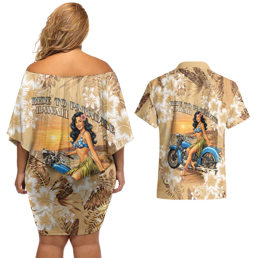 Aloha Hawaii Biker Couples Matching Off Shoulder Short Dress and Hawaiian Shirt Ride To Paradise