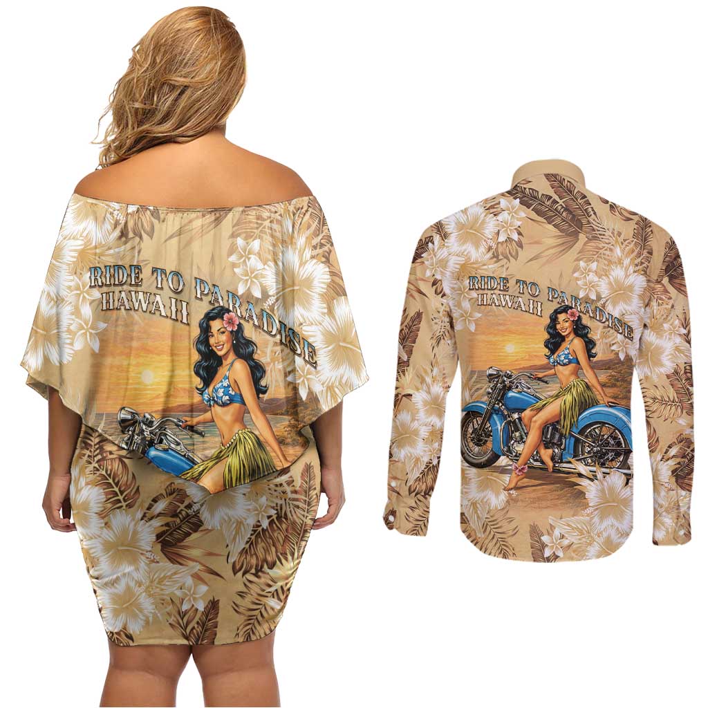 Aloha Hawaii Biker Couples Matching Off Shoulder Short Dress and Long Sleeve Button Shirt Ride To Paradise