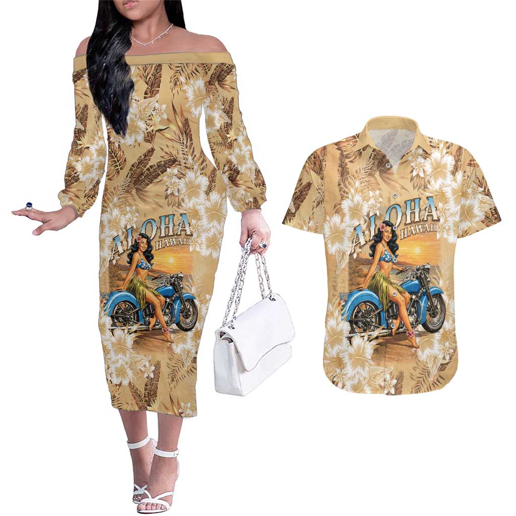 Aloha Hawaii Biker Couples Matching Off The Shoulder Long Sleeve Dress and Hawaiian Shirt Ride To Paradise