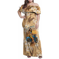 Aloha Hawaii Biker Family Matching Off Shoulder Maxi Dress and Hawaiian Shirt Ride To Paradise LT05 Mom's Dress Beige - Polynesian Pride