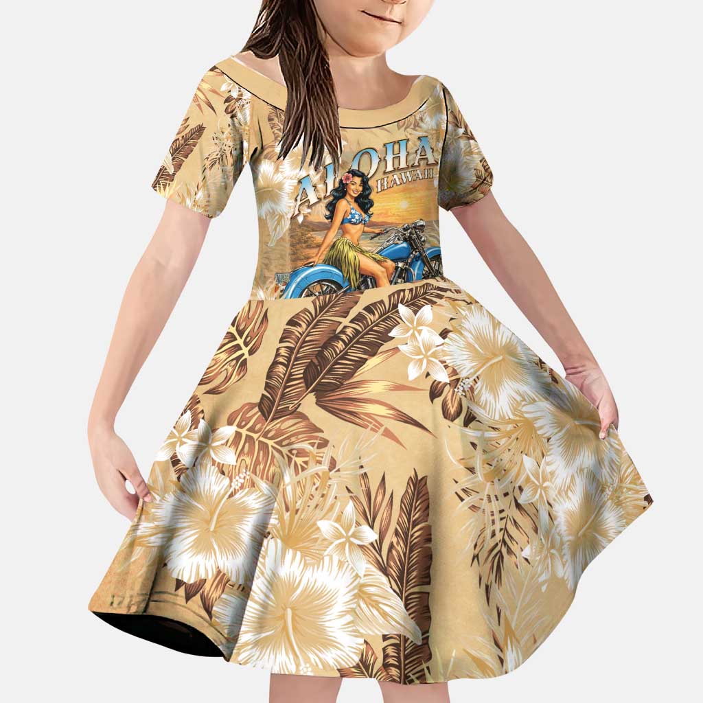 Aloha Hawaii Biker Family Matching Off Shoulder Short Dress and Hawaiian Shirt Ride To Paradise LT05 Daughter's Dress Beige - Polynesian Pride