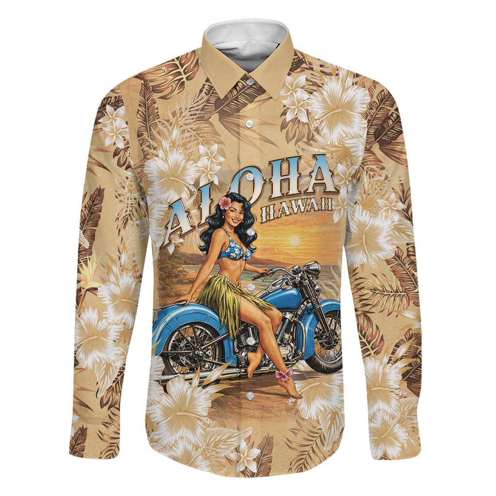 Aloha Hawaii Biker Family Matching Off Shoulder Short Dress and Hawaiian Shirt Ride To Paradise LT05 Dad's Shirt - Long Sleeve Beige - Polynesian Pride