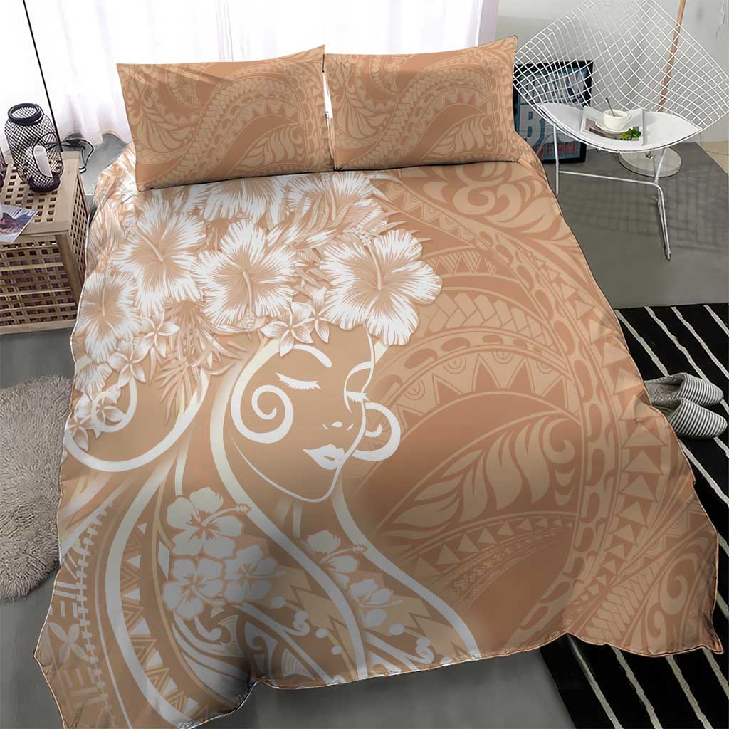 Polynesian Women's Day Bedding Set Brown Hibiscus Flowers With Polynesian Pattern