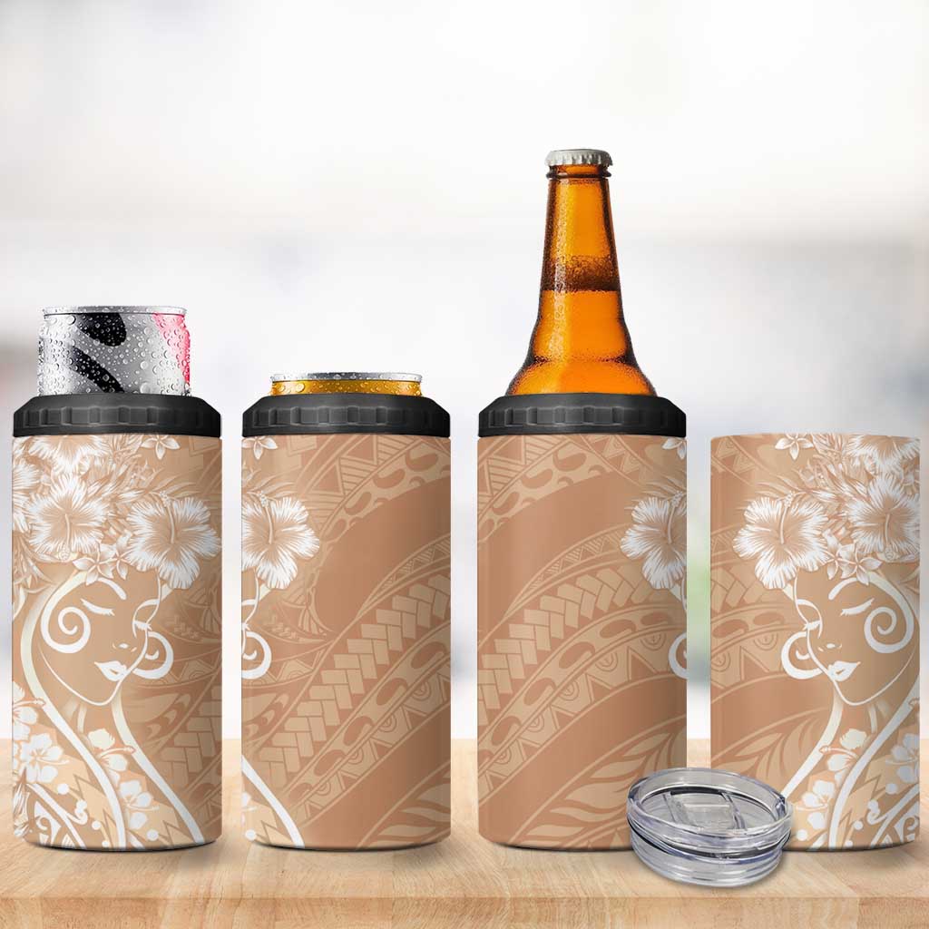 Polynesian Women's Day 4 in 1 Can Cooler Tumbler Brown Hibiscus Flowers With Polynesian Pattern