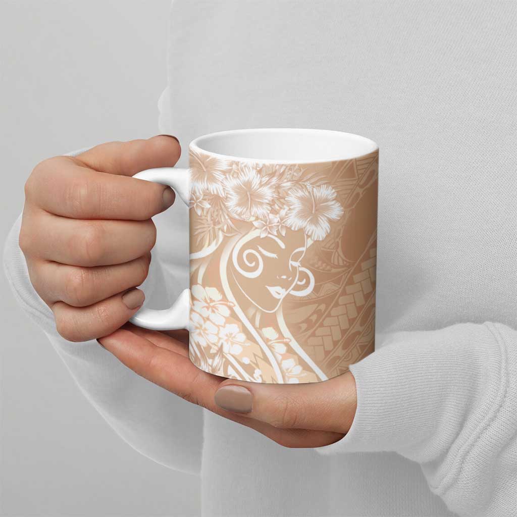 Polynesian Women's Day Ceramic Mug Brown Hibiscus Flowers With Polynesian Pattern
