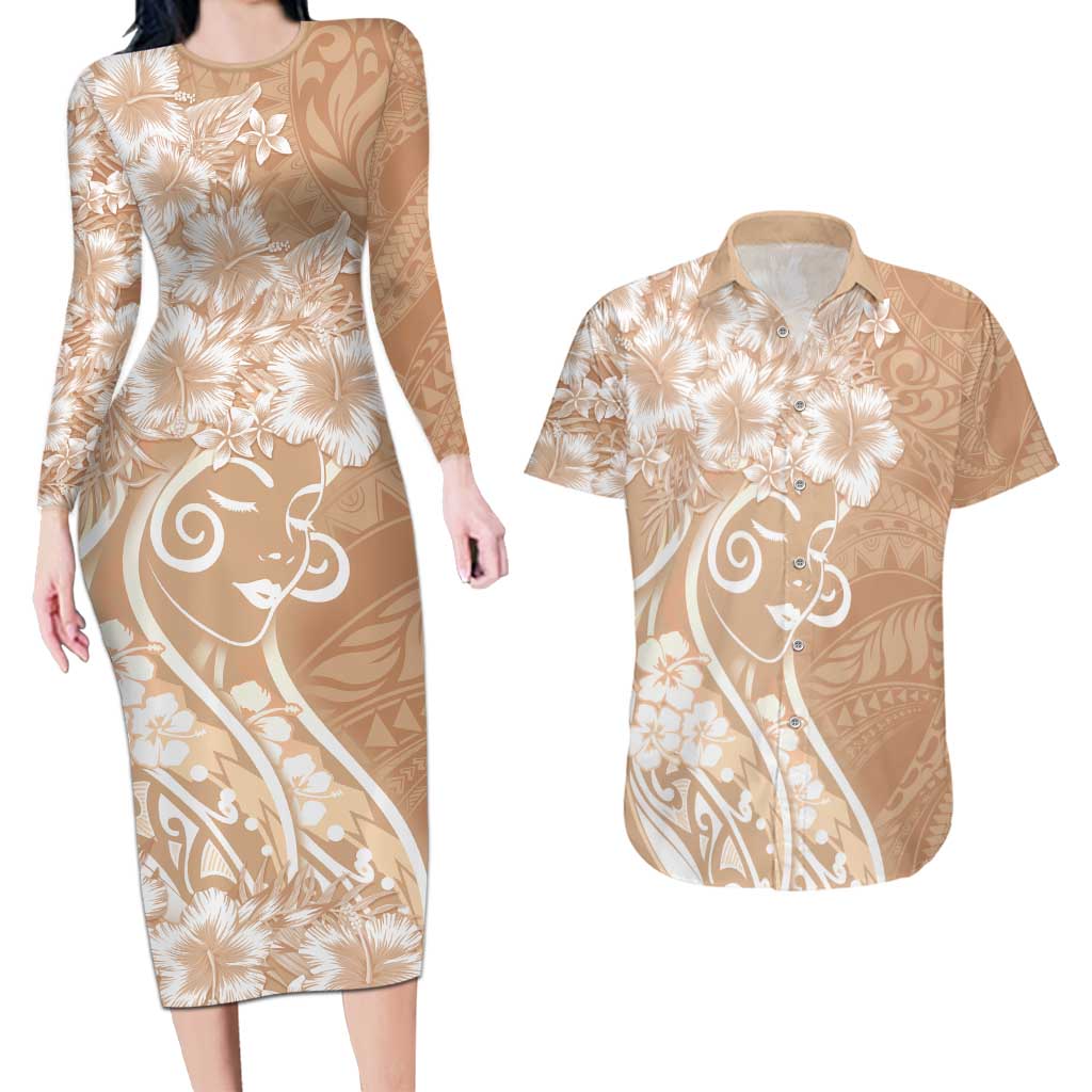 Polynesian Women's Day Couples Matching Long Sleeve Bodycon Dress and Hawaiian Shirt Brown Hibiscus Flowers With Polynesian Pattern