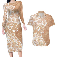 Polynesian Women's Day Couples Matching Long Sleeve Bodycon Dress and Hawaiian Shirt Brown Hibiscus Flowers With Polynesian Pattern