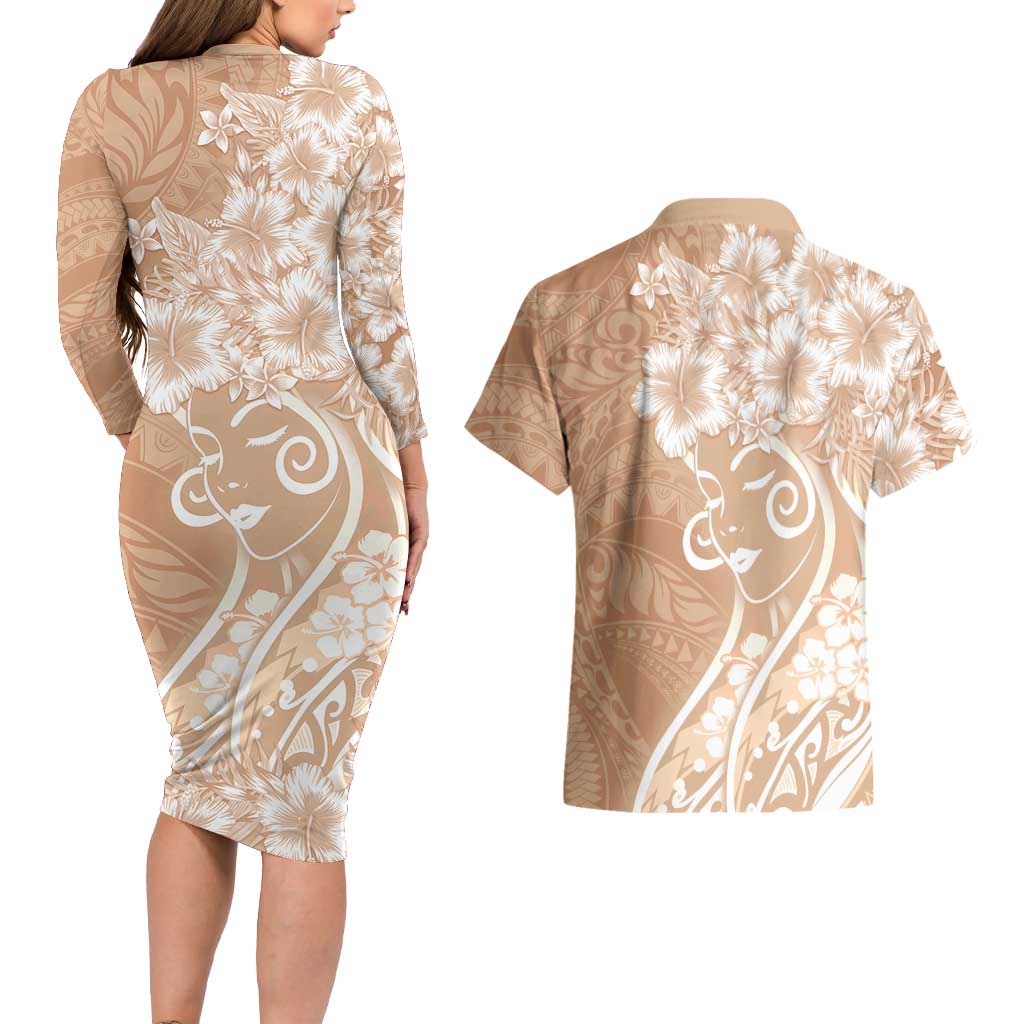 Polynesian Women's Day Couples Matching Long Sleeve Bodycon Dress and Hawaiian Shirt Brown Hibiscus Flowers With Polynesian Pattern