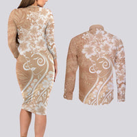 Polynesian Women's Day Couples Matching Long Sleeve Bodycon Dress and Long Sleeve Button Shirt Brown Hibiscus Flowers With Polynesian Pattern