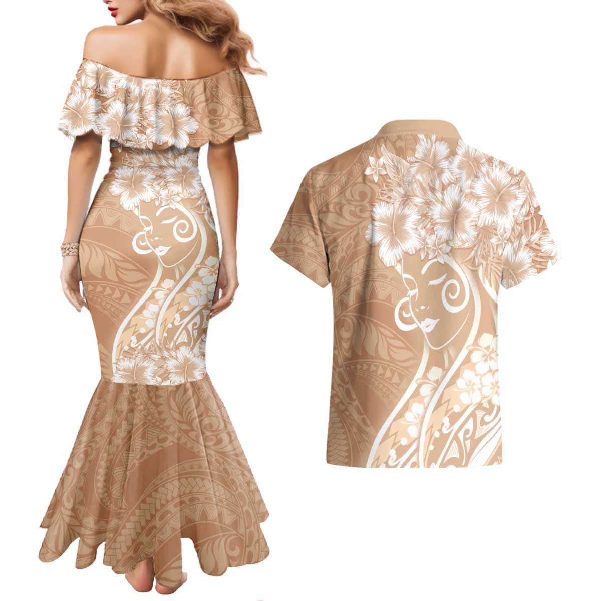 Polynesian Women's Day Couples Matching Mermaid Dress and Hawaiian Shirt Brown Hibiscus Flowers With Polynesian Pattern