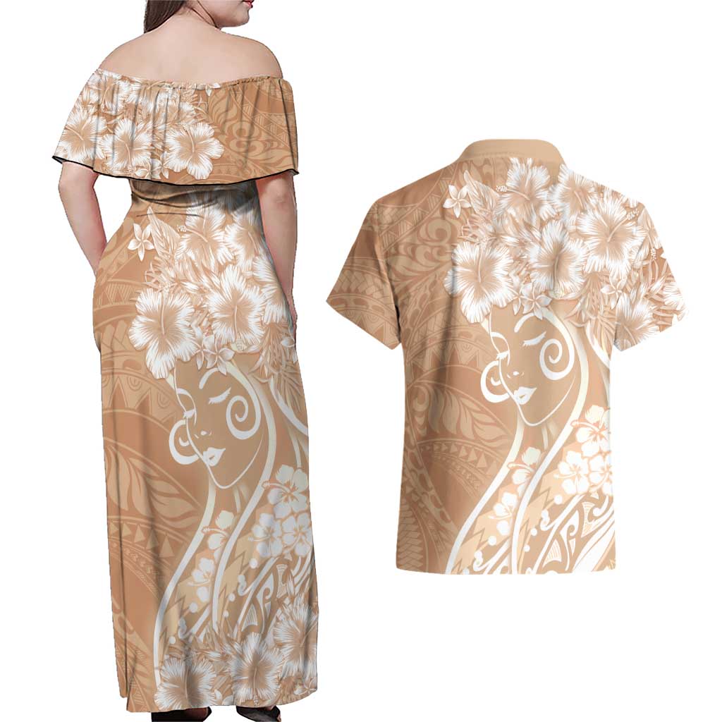 Polynesian Women's Day Couples Matching Off Shoulder Maxi Dress and Hawaiian Shirt Brown Hibiscus Flowers With Polynesian Pattern
