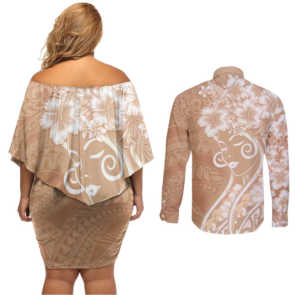 Polynesian Women's Day Couples Matching Off Shoulder Short Dress and Long Sleeve Button Shirt Brown Hibiscus Flowers With Polynesian Pattern