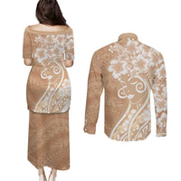 Polynesian Women's Day Couples Matching Puletasi and Long Sleeve Button Shirt Brown Hibiscus Flowers With Polynesian Pattern