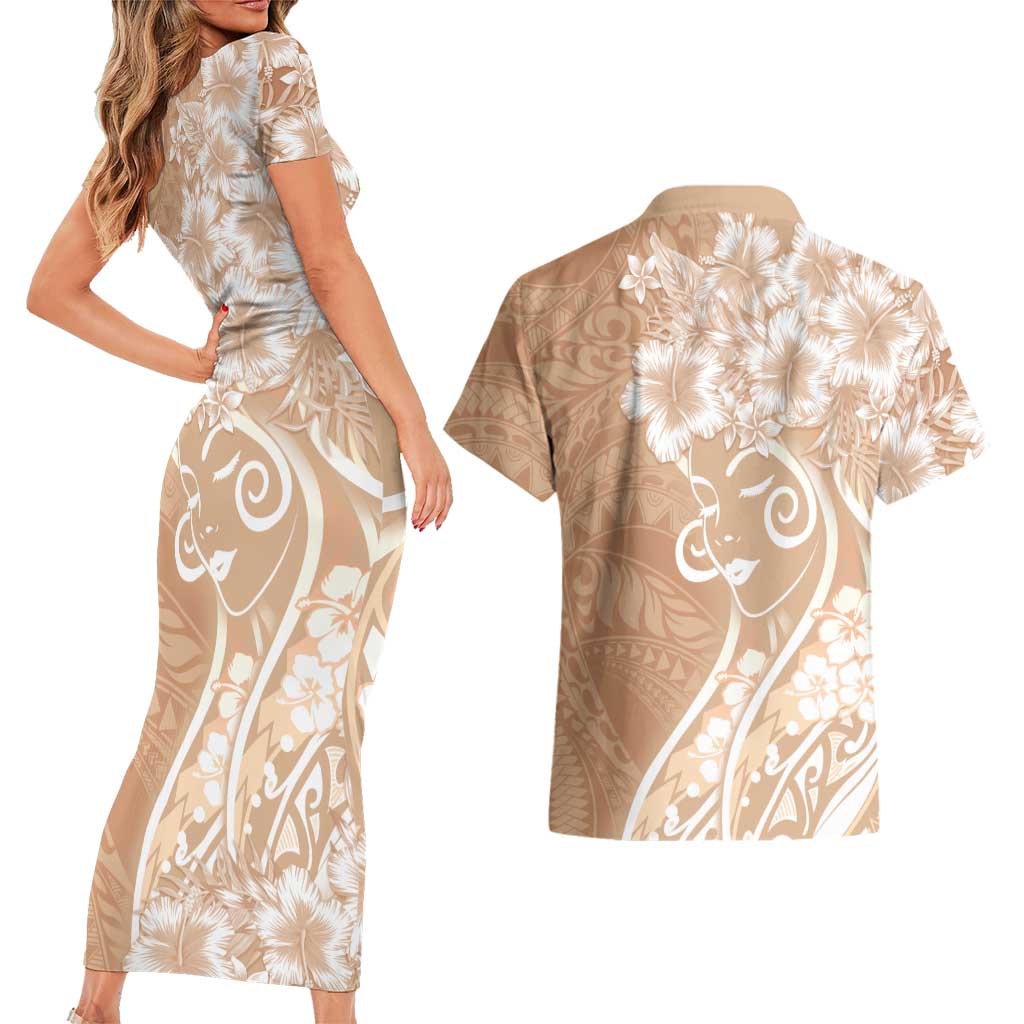 Polynesian Women's Day Couples Matching Short Sleeve Bodycon Dress and Hawaiian Shirt Brown Hibiscus Flowers With Polynesian Pattern