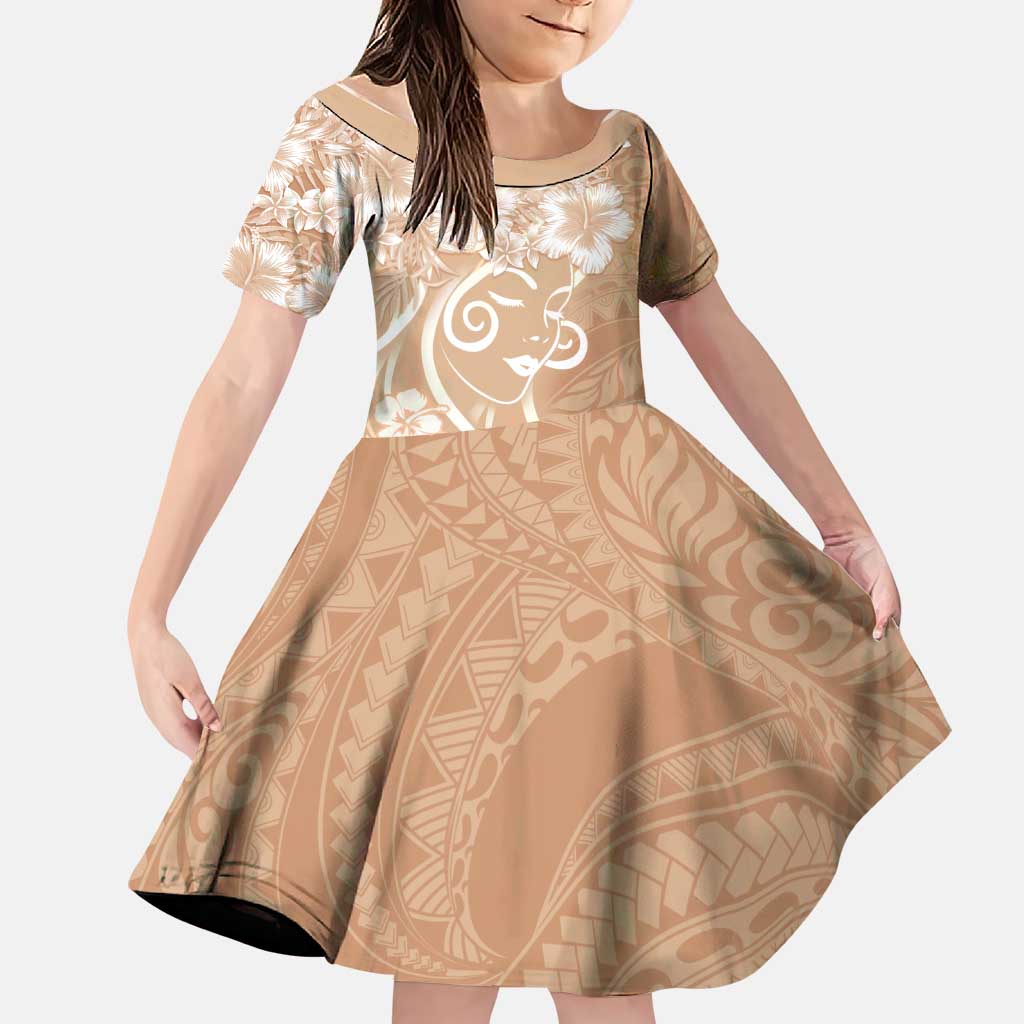 Polynesian Women's Day Family Matching Off The Shoulder Long Sleeve Dress and Hawaiian Shirt Brown Hibiscus Flowers With Polynesian Pattern LT05 Daughter's Dress Brown - Polynesian Pride