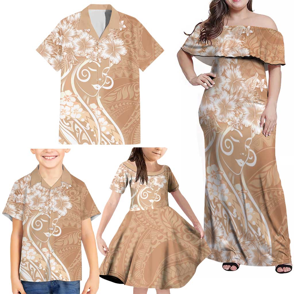 Polynesian Women's Day Family Matching Off Shoulder Maxi Dress and Hawaiian Shirt Brown Hibiscus Flowers With Polynesian Pattern
