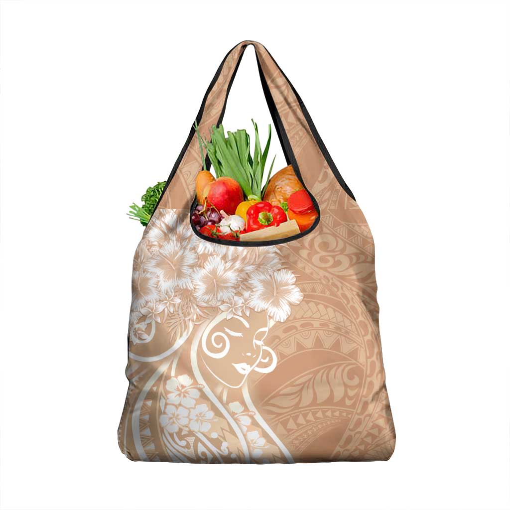Polynesian Women's Day Grocery Bag Brown Hibiscus Flowers With Polynesian Pattern