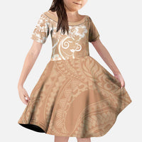 Polynesian Women's Day Kid Short Sleeve Dress Brown Hibiscus Flowers With Polynesian Pattern