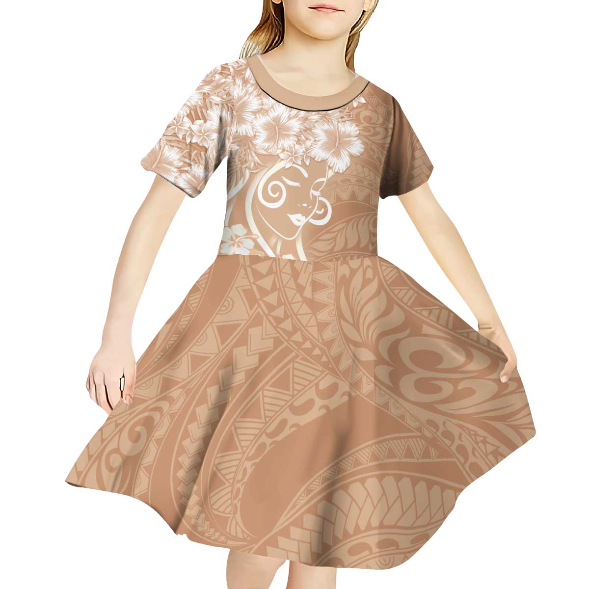 Polynesian Women's Day Kid Short Sleeve Dress Brown Hibiscus Flowers With Polynesian Pattern
