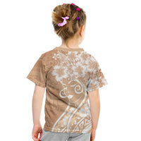 Polynesian Women's Day Kid T Shirt Brown Hibiscus Flowers With Polynesian Pattern