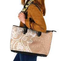 Polynesian Women's Day Leather Tote Bag Brown Hibiscus Flowers With Polynesian Pattern
