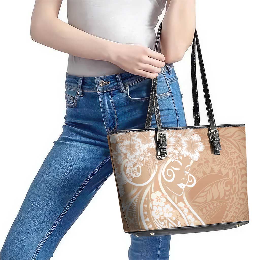 Polynesian Women's Day Leather Tote Bag Brown Hibiscus Flowers With Polynesian Pattern