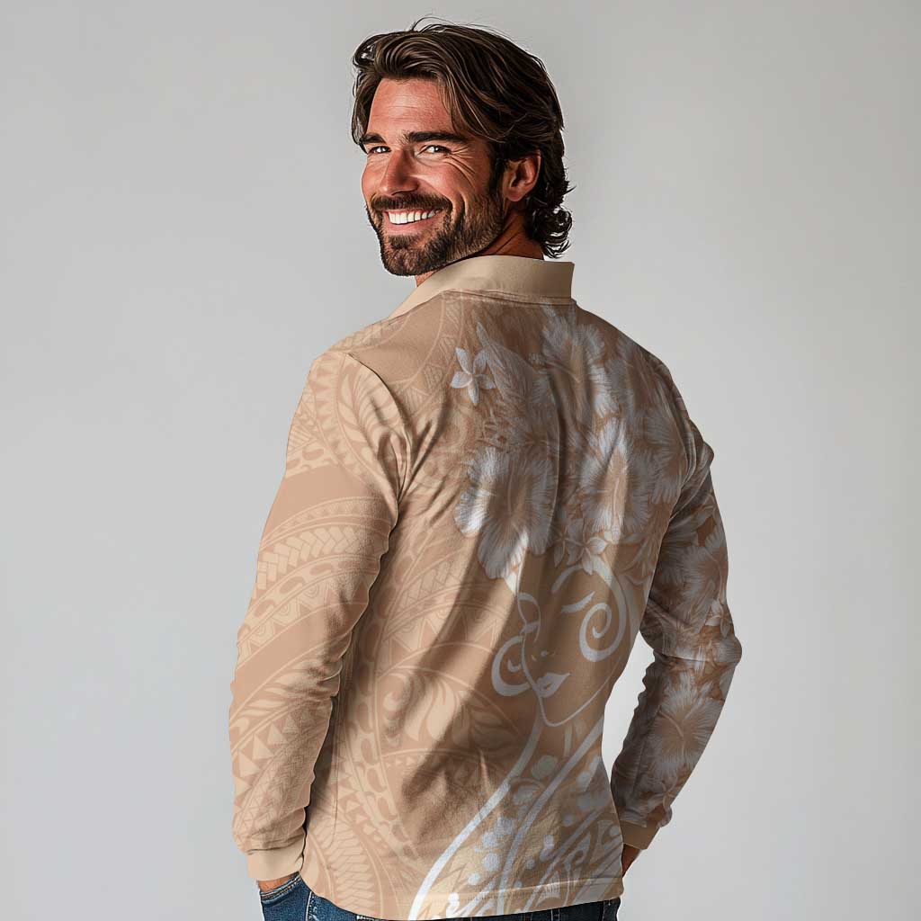 Polynesian Women's Day Long Sleeve Polo Shirt Brown Hibiscus Flowers With Polynesian Pattern