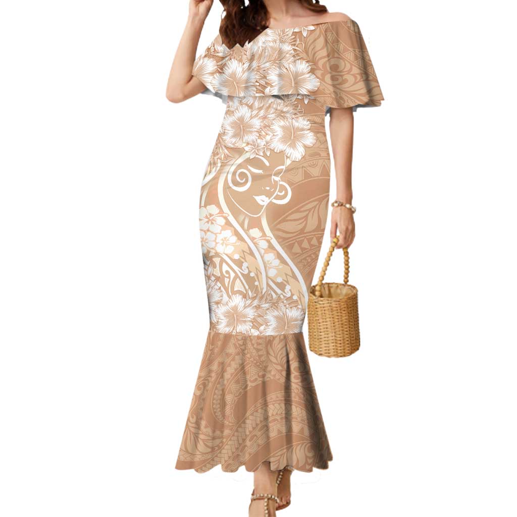 Polynesian Women's Day Mermaid Dress Brown Hibiscus Flowers With Polynesian Pattern