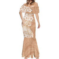 Polynesian Women's Day Mermaid Dress Brown Hibiscus Flowers With Polynesian Pattern