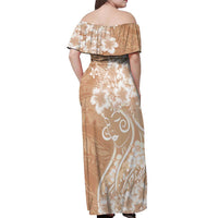 Polynesian Women's Day Off Shoulder Maxi Dress Brown Hibiscus Flowers With Polynesian Pattern