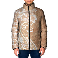 Polynesian Women's Day Padded Jacket Brown Hibiscus Flowers With Polynesian Pattern