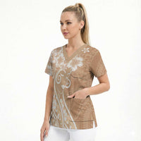 Polynesian Women's Day Scrub Top Brown Hibiscus Flowers With Polynesian Pattern