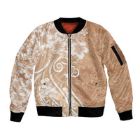Polynesian Women's Day Sleeve Zip Bomber Jacket Brown Hibiscus Flowers With Polynesian Pattern