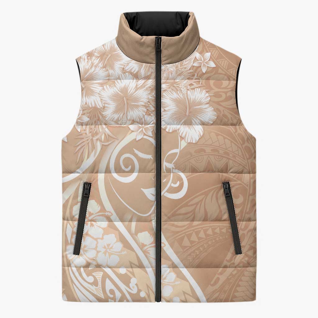 Polynesian Women's Day Sleeveless Puffer Jacket Brown Hibiscus Flowers With Polynesian Pattern