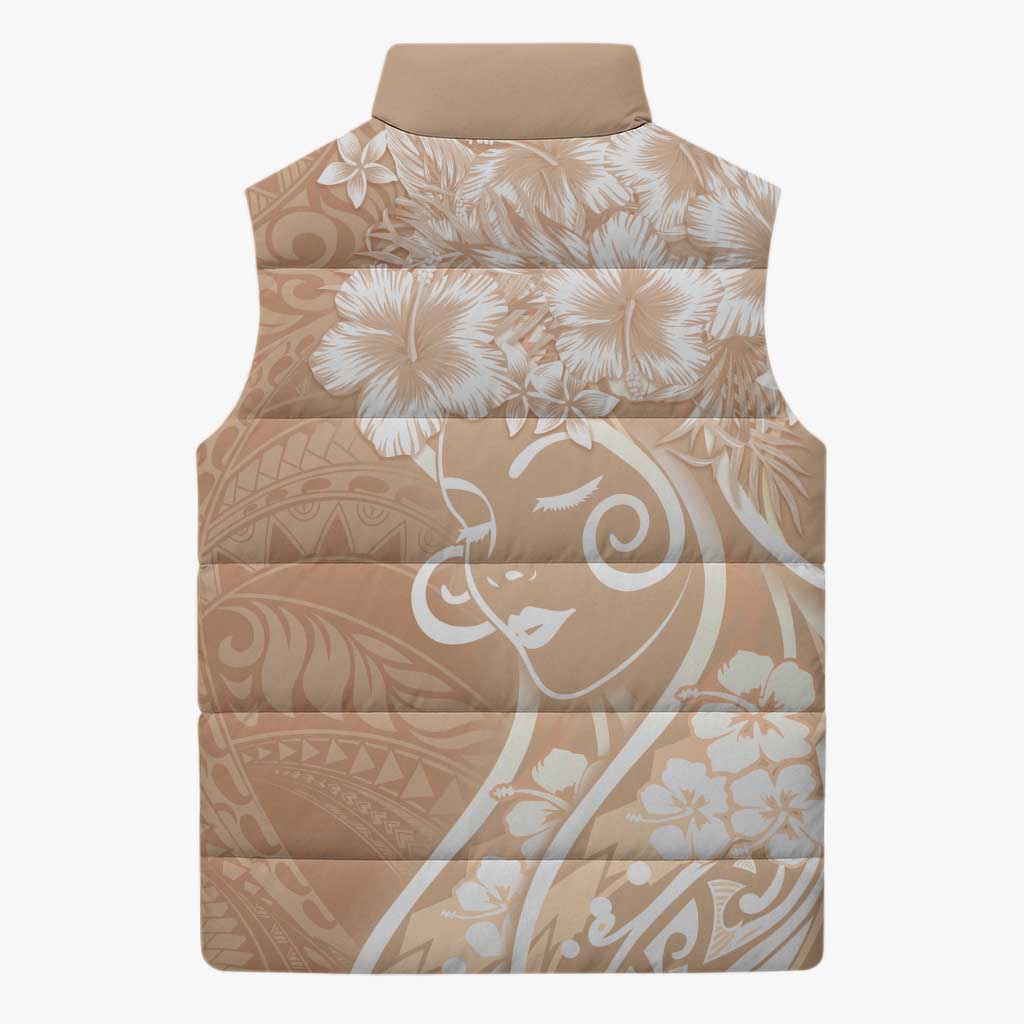 Polynesian Women's Day Sleeveless Puffer Jacket Brown Hibiscus Flowers With Polynesian Pattern