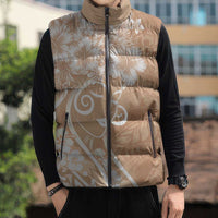 Polynesian Women's Day Sleeveless Puffer Jacket Brown Hibiscus Flowers With Polynesian Pattern