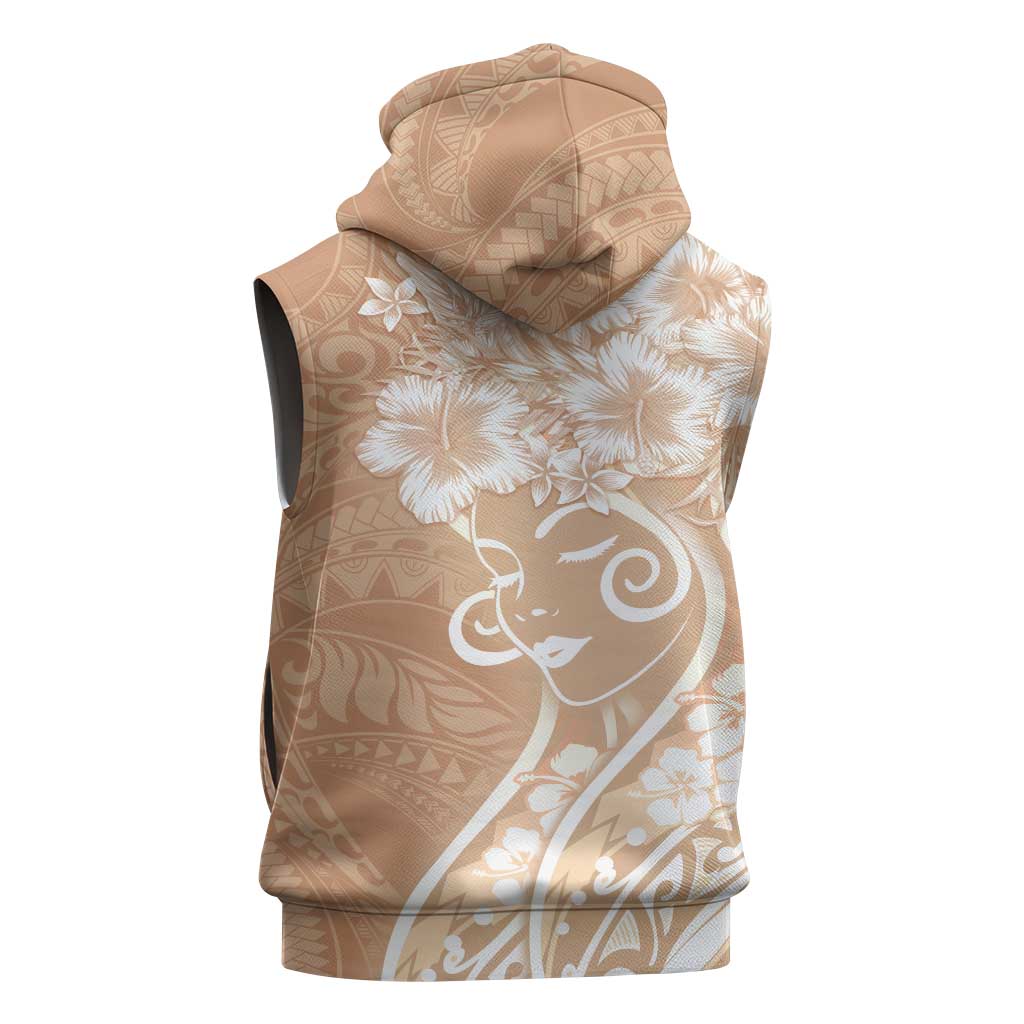 Polynesian Women's Day Sleeveless Zip Hoodie Brown Hibiscus Flowers With Polynesian Pattern