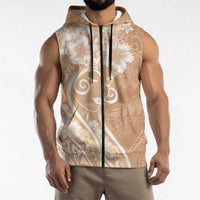 Polynesian Women's Day Sleeveless Zip Hoodie Brown Hibiscus Flowers With Polynesian Pattern