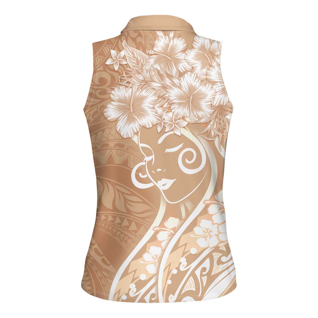 Polynesian Women's Day Women Sleeveless Polo Shirt Brown Hibiscus Flowers With Polynesian Pattern