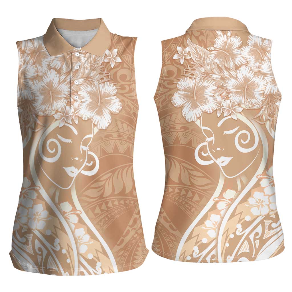 Polynesian Women's Day Women Sleeveless Polo Shirt Brown Hibiscus Flowers With Polynesian Pattern