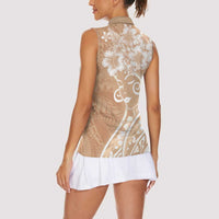 Polynesian Women's Day Women Sleeveless Polo Shirt Brown Hibiscus Flowers With Polynesian Pattern